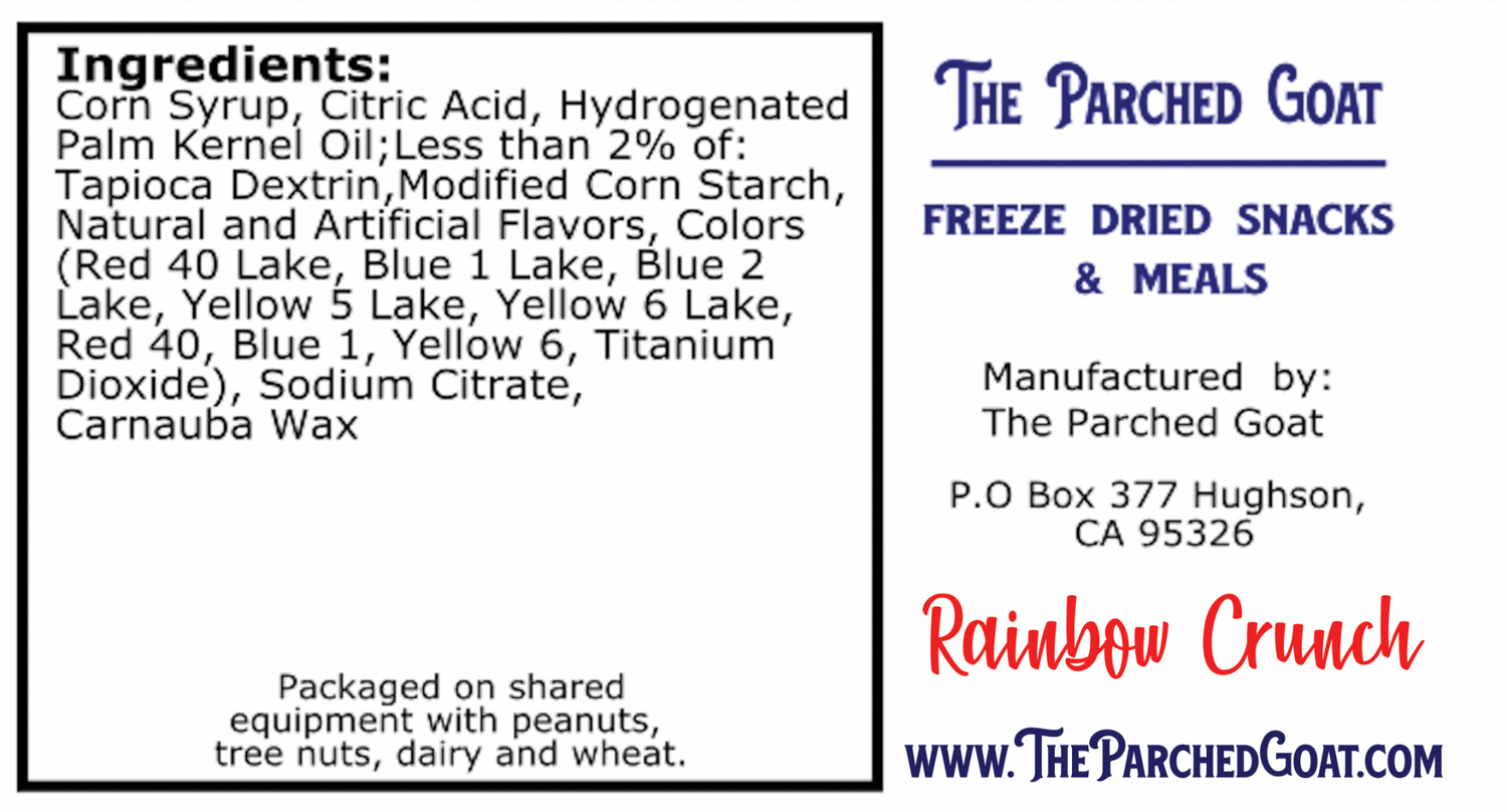 Rainbow crunch are freeze dried candies that have a fruity flavor and a crunchy texture. 